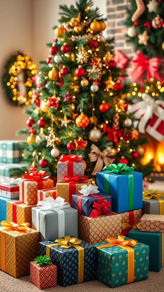 A decorated Christmas tree with colorful gift boxes underneath, creating a festive holiday atmosphere.